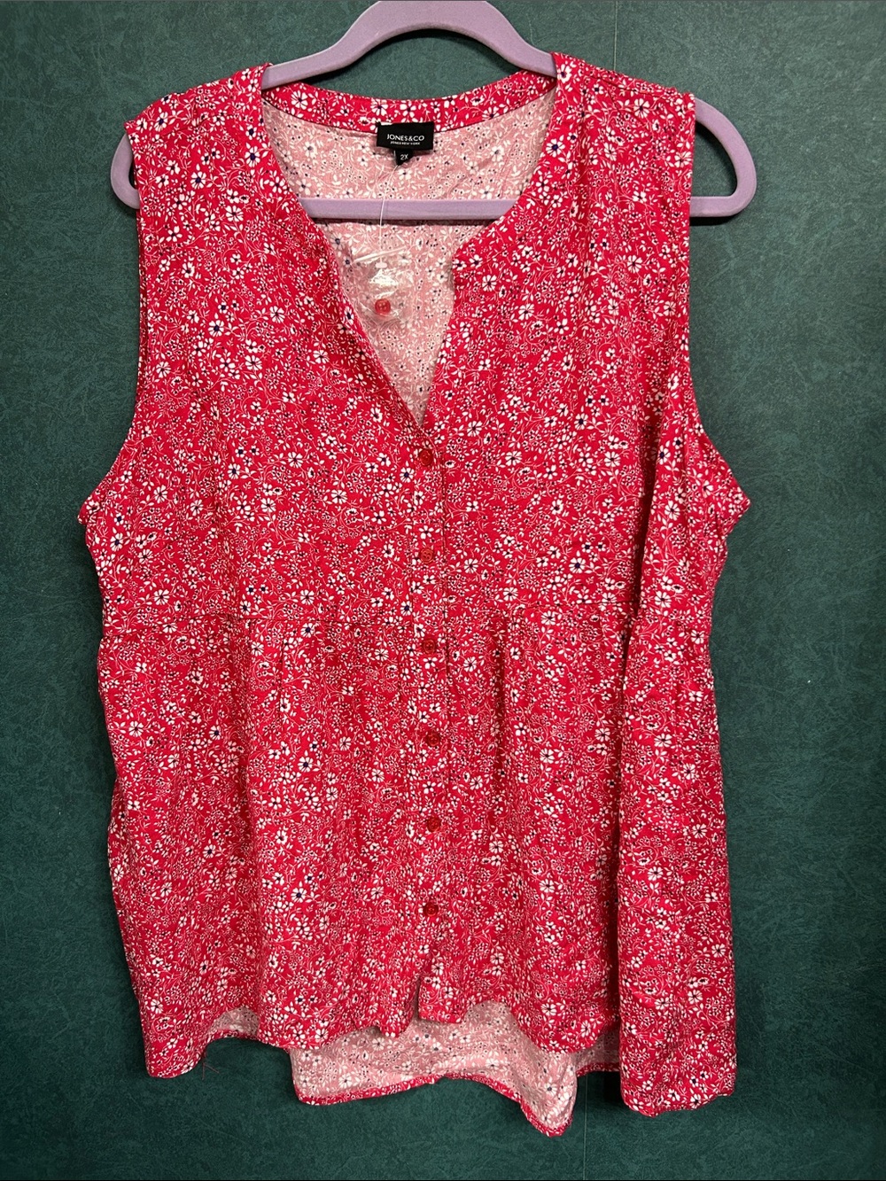 NWOT Jones&Co 2X Red Sleeveless Ditzy Floral Button-Front Babydoll Blouse